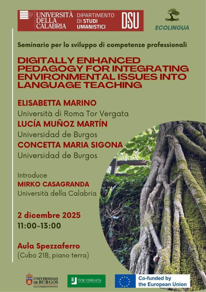 EcoLingua seminar poster listing the speakers, University of Calabria venue, and 2 December 2025 event date.