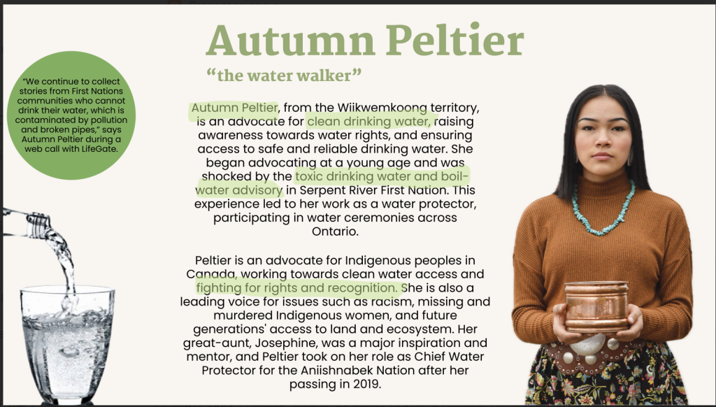 Student presentation slide about Autumn Peltier and advocacy for clean drinking water.