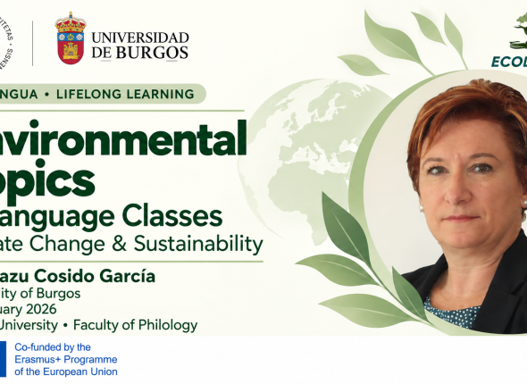 Aránzazu Cosido García featured in an EcoLingua graphic about environmental topics in language classes at Vilnius University, 17 February 2026