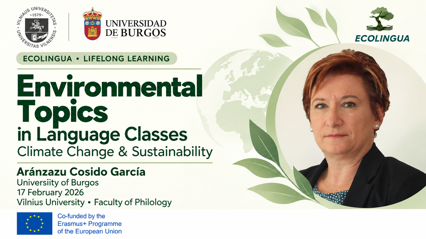 Aránzazu Cosido García featured in an EcoLingua graphic about environmental topics in language classes at Vilnius University, 17 February 2026