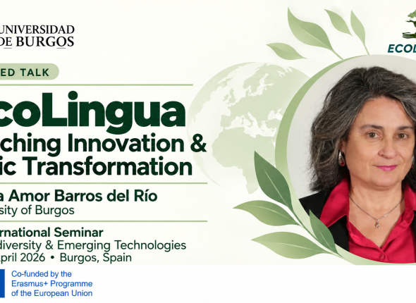 María Amor Barros del Río featured in an EcoLingua graphic about her invited talk at the international seminar in Burgos, 15–16 April 2026