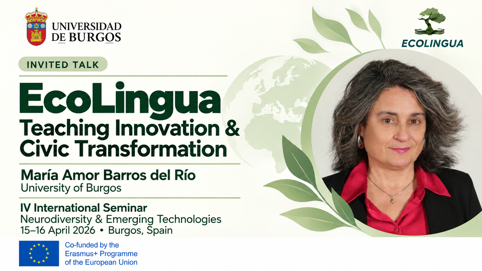 María Amor Barros del Río featured in an EcoLingua graphic about her invited talk at the international seminar in Burgos, 15–16 April 2026