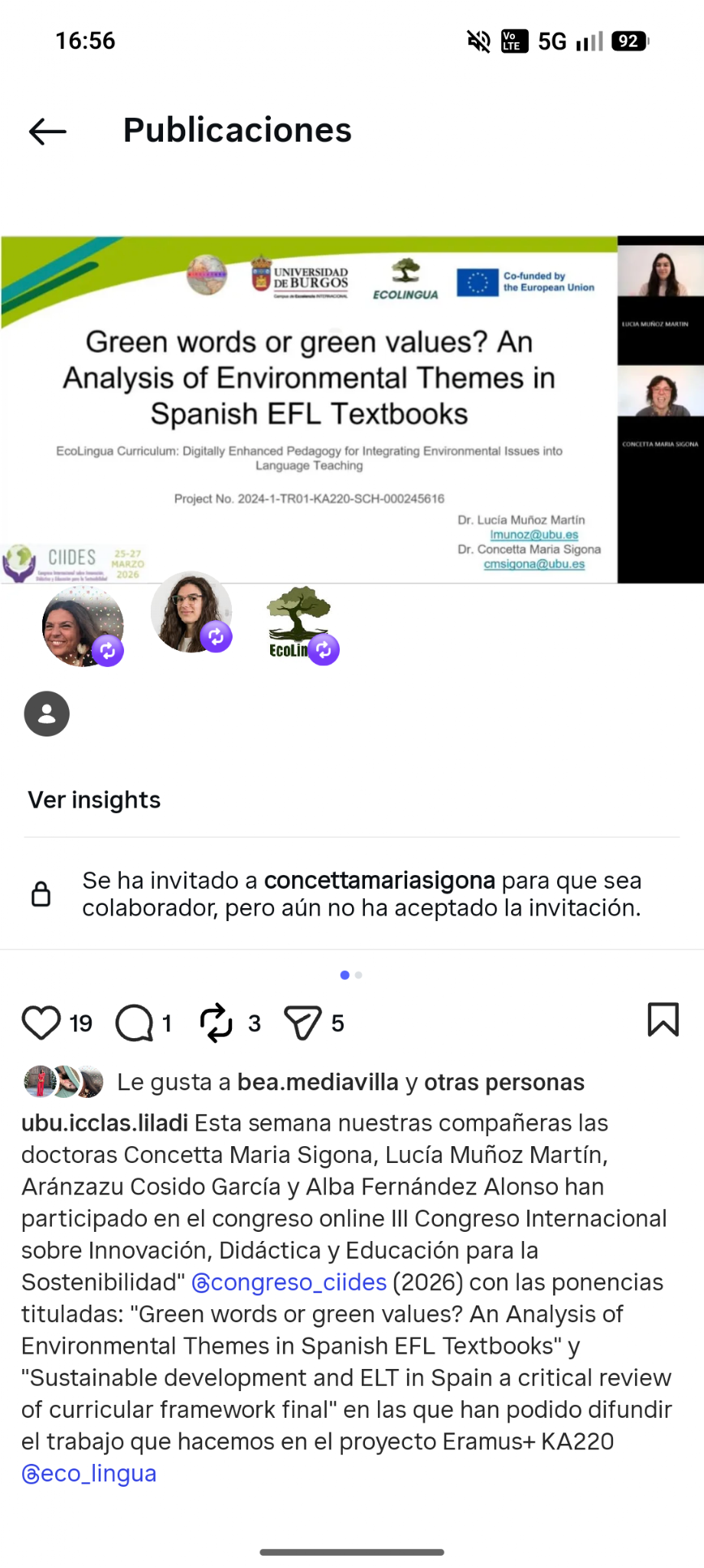 Spanish EcoLingua partners presenting research on environmental themes in Spanish EFL textbooks during the online CIIDES 2026 conference.