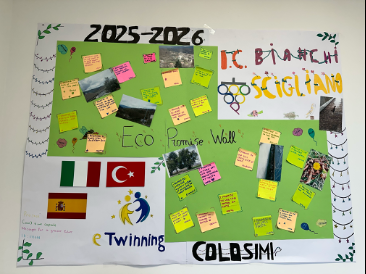 A green Eco Promise Wall displaying students’ environmental commitments, nature photographs and eTwinning partner-country symbols.