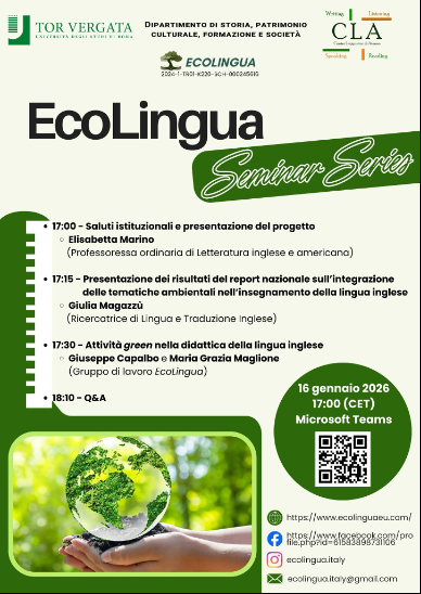 Programme for the first EcoLingua Seminar Series session at the University of Rome Tor Vergata, 16 January 2026.