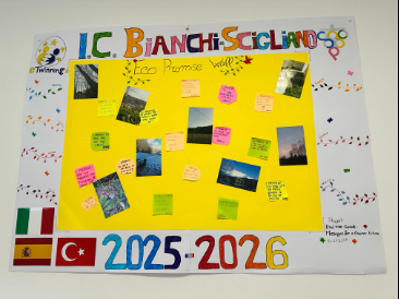 A yellow Eco Promise Wall displaying students’ environmental commitments and nature photographs.