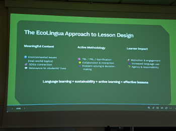 Presentation slide explaining the EcoLingua approach to lesson design.