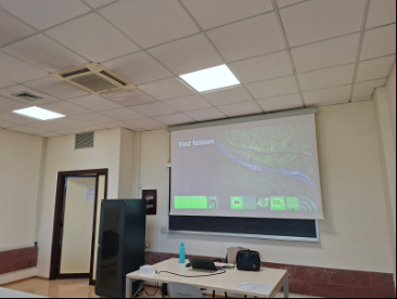 Fast fashion teaching material projected during the EcoLingua seminar.