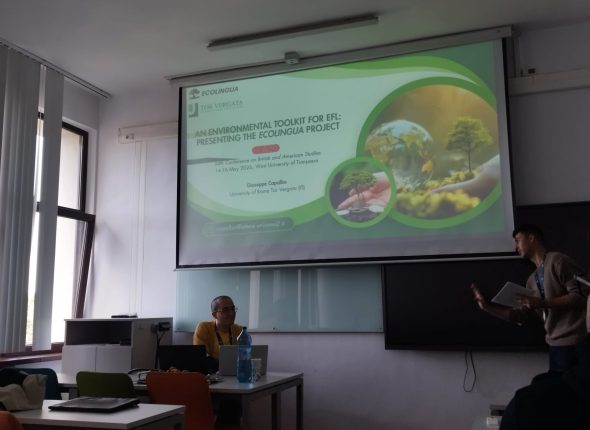 Giuseppe Capalbo presenting the EcoLingua environmental toolkit at the British and American Studies conference in Timișoara.