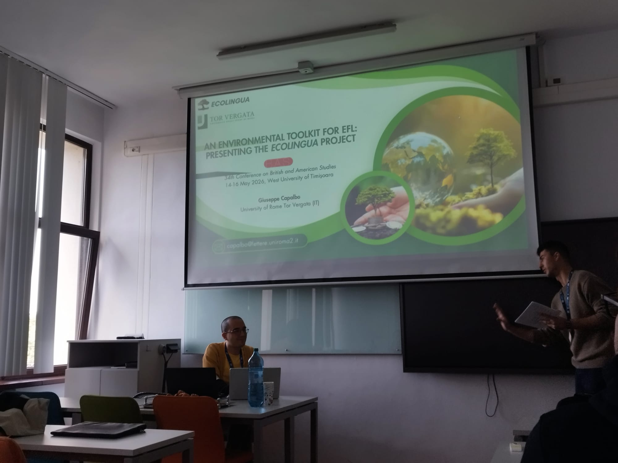 Giuseppe Capalbo presenting the EcoLingua environmental toolkit at the British and American Studies conference in Timișoara.